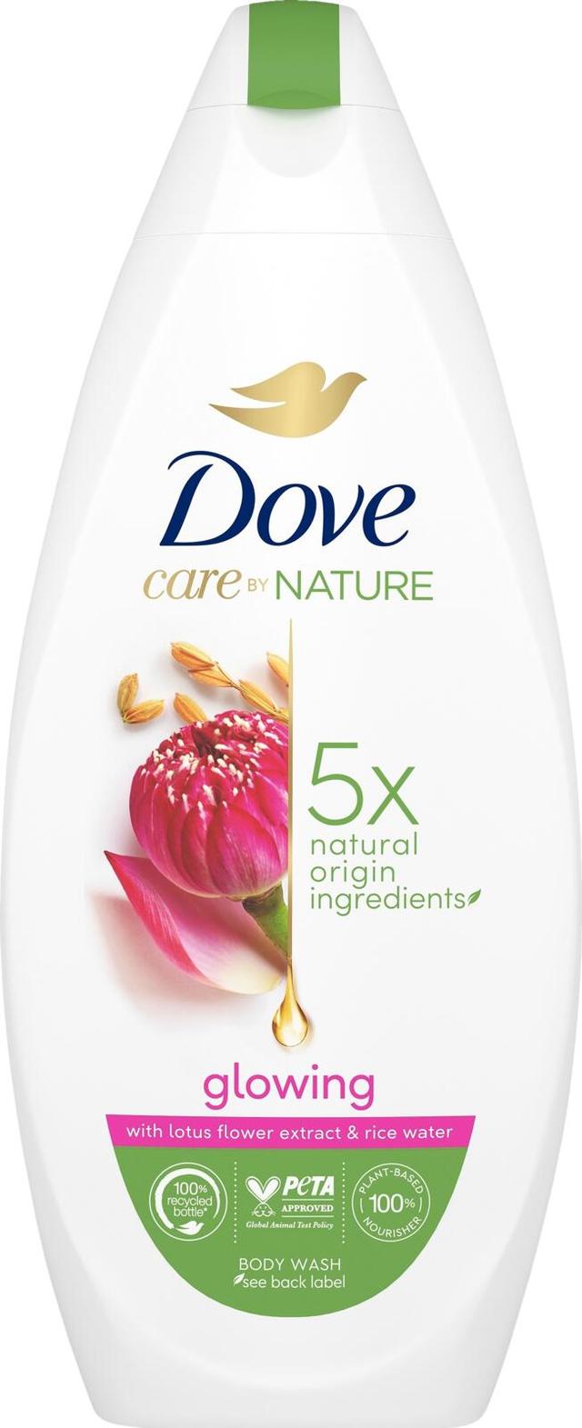 Dove Care By Nature Glowing Ritual Suihkusaippua lootuskukkauutteen ja riisiveden tuoksu kosteuttaa ja pehmentää ihoa välittömästi 225 ml