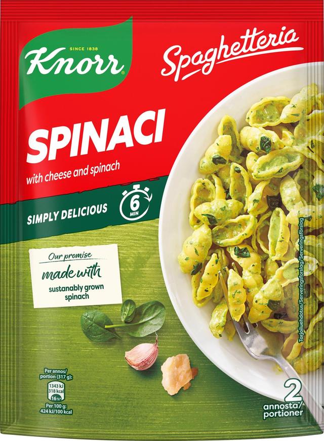 Knorr Pinaattipasta Spaghetteria Juustoa ja pinaattia Valmista 6 minuutissa 160 g