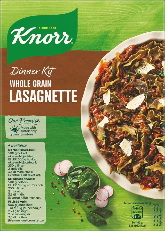 Knorr Täysjyvä Lasagnette ateria-aines Sisältää täysjyväpastaa 266 g 3–4 annosta