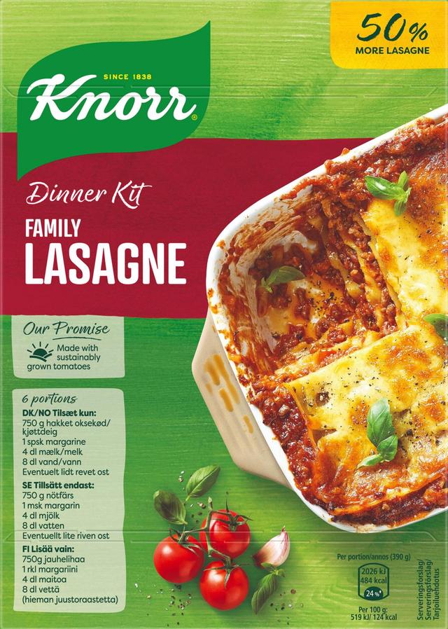 Knorr Family Lasagne Ateria-aines Ei lisättyä sokeria Helppo ja nopea tehdä 363 g 6 annosta