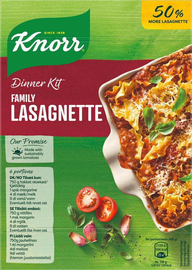 Knorr Family Lasagnette Ateria-aines Ei lisättyä sokeria Helppo ja nopea tehdä 338 g