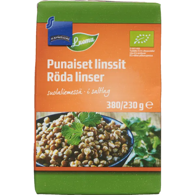 Rainbow 380/230g punaiset linssit suolaliemessä luomu