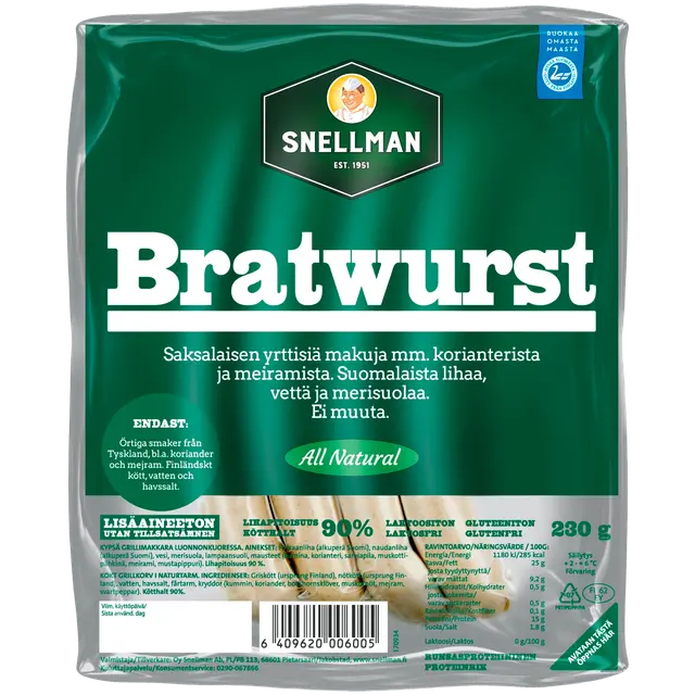 Snellman All Natural Bratwurst grillimakkara 230g
