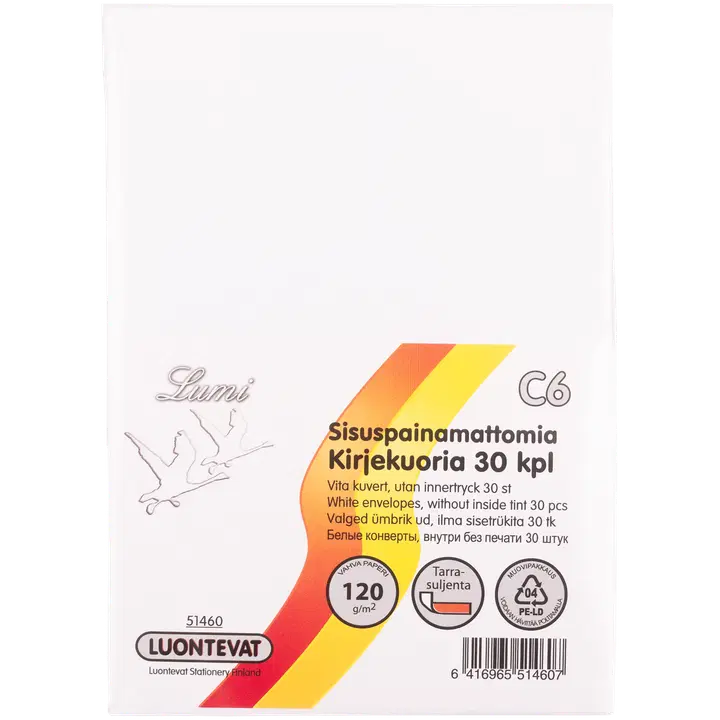 Luontevat kirjekuori Lumi C6 valkoinen tarrasuljenta 30 kpl