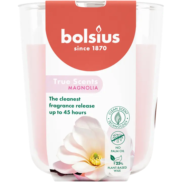 Bolsius True Scents – tuoksukynttilä lasissa – Magnolia – pinkki – suuri