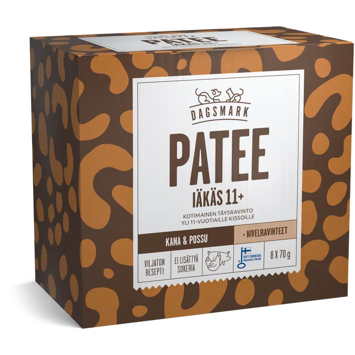 Dagsmark PATEE iäkäs 11+ kana-possu, täysravinto 11+ vuotiaille seniorikissoille 8 x 70 g
