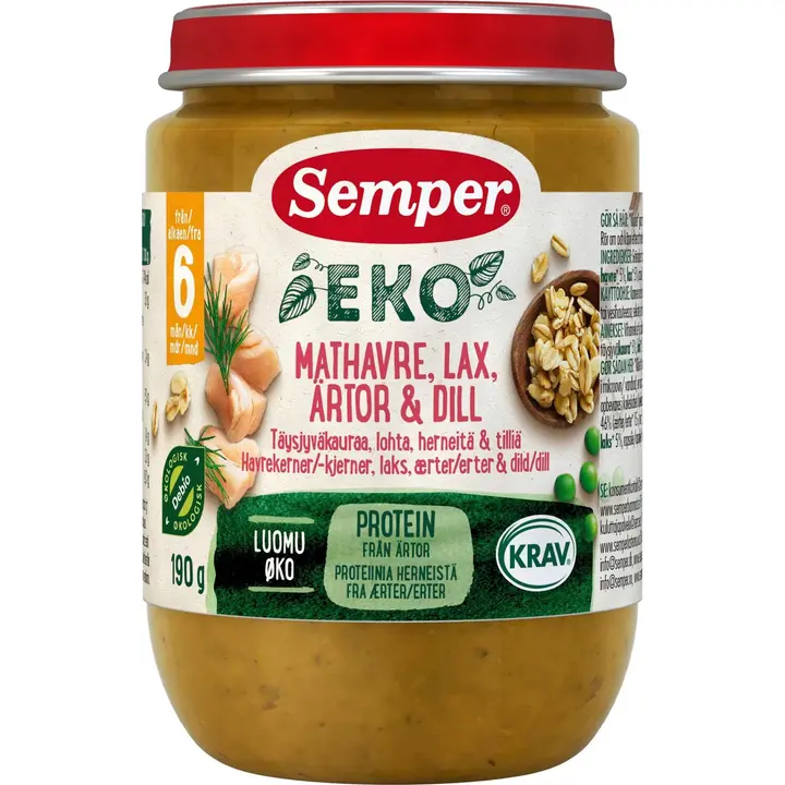 Semper EKO Täysjyväkaura lohi herne & tilli 6kk luomu lastenateria 190g