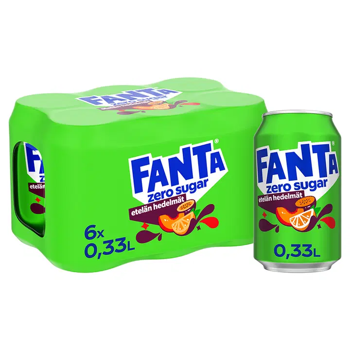 6-pack Fanta Etelän Hedelmät Zero virvoitusjuoma tölkki 0,33 L