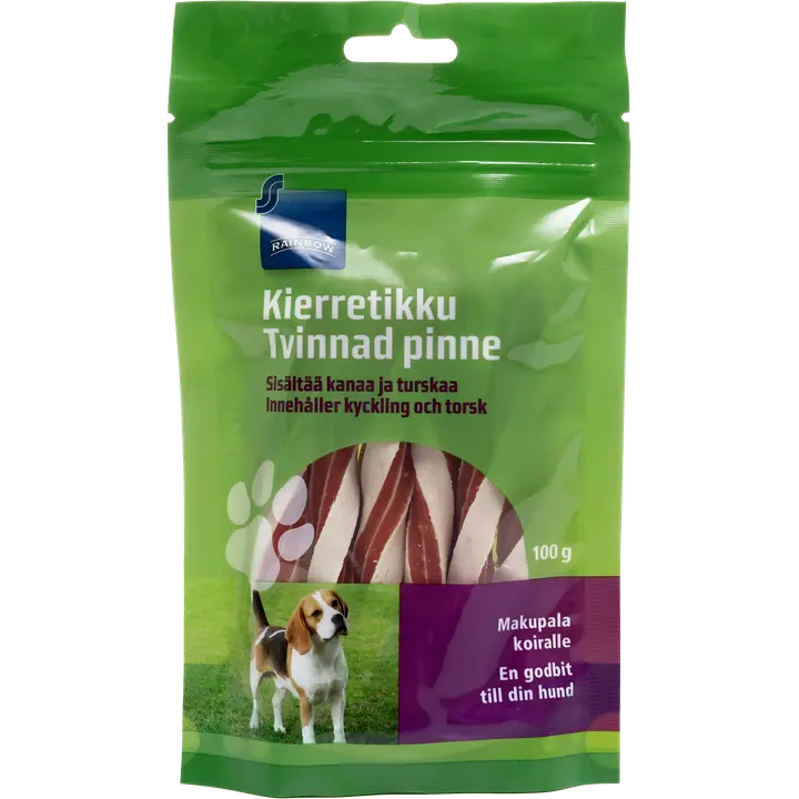 Rainbow 100g kierretikku koiralle, sisältää kanaa ja turskaa
