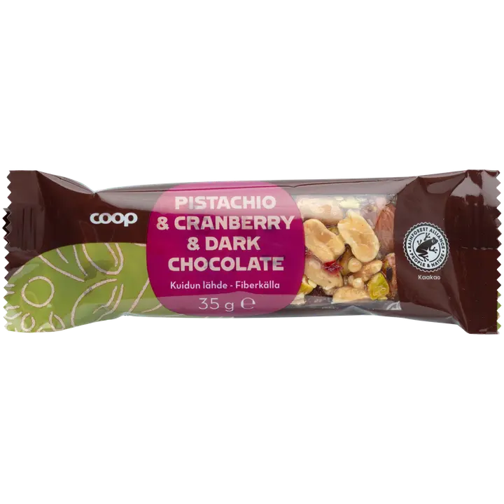 Coop pähkinä-hedelmäpatukka pistaasi, karpalo ja tumma suklaa 35 g