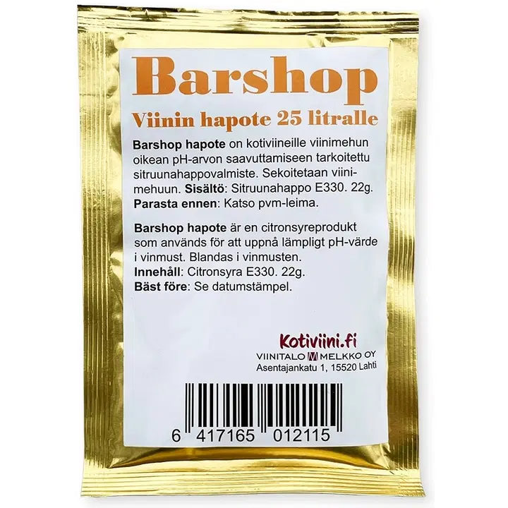 Barshop Viinin hapote 25 litralle kotiviiniä, sitruunahappo 22g