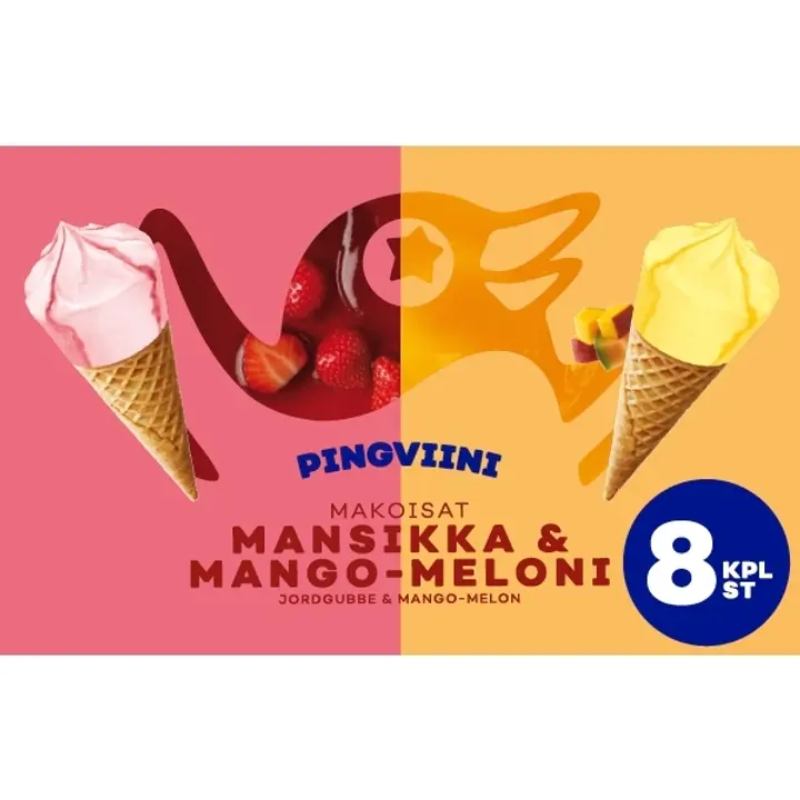 Pingviini Mansikka & Mango-Meloni jäätelötuutti MIX monipakkaus 8x67g