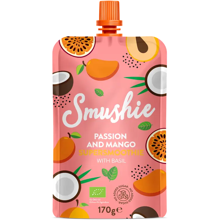 Salvest SMUSHIE Ökoloogiline Passioni-mangopüree basiilikuga 170g