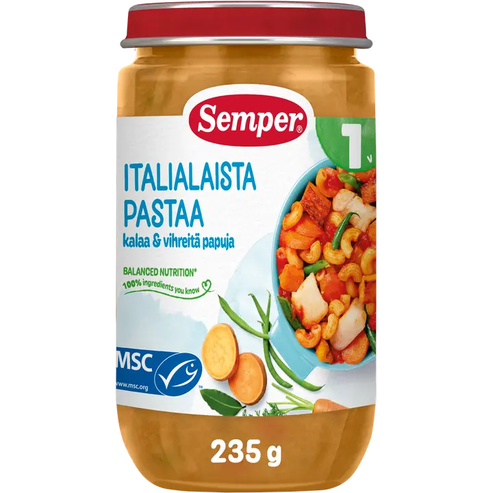 Semper Italialaista pastaa, kalaa & vihreitä papuja 1v lastenateria 235g
