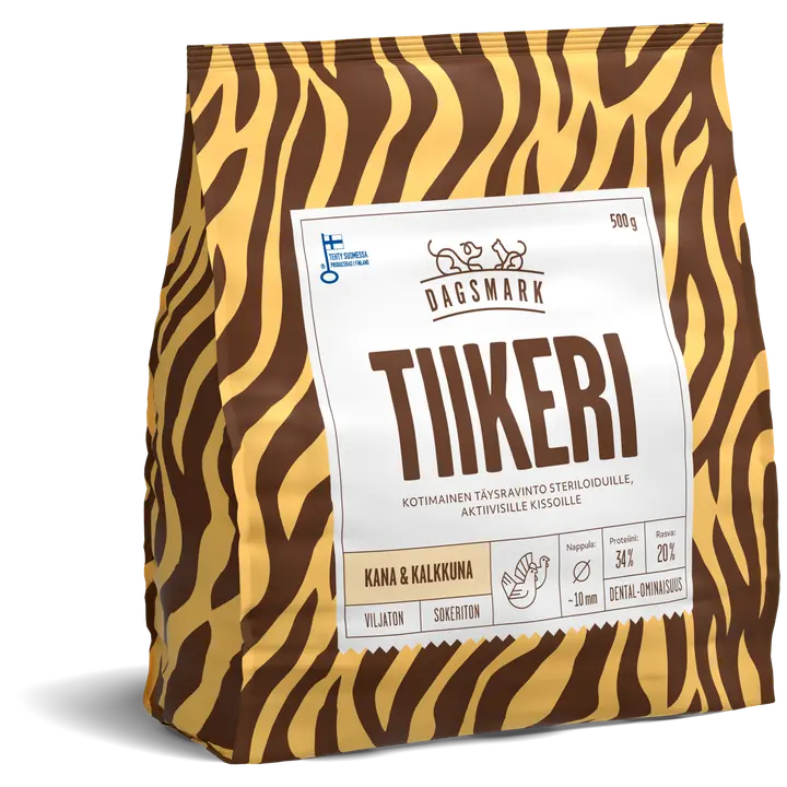 Dagsmark TIIKERI kana-kalkkuna viljaton täysravinto kissan kuivaruoka steriloiduille aktiivisille kissoille 500 g