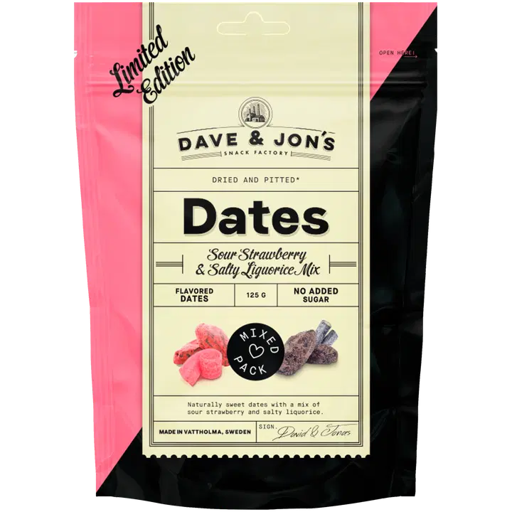 Dave&Jons taatelit kirpeä mansikka & suolainen lakritsi sekoitus 125 g