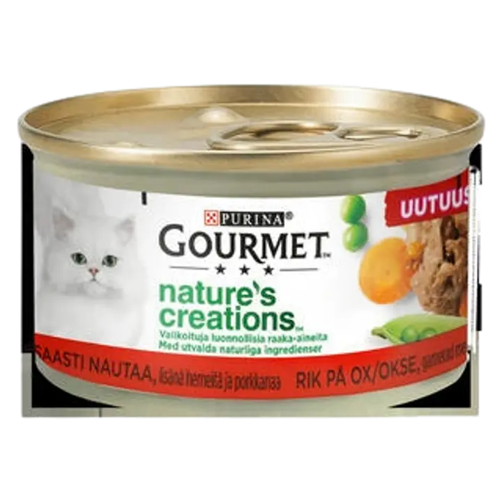 Purina Gourmet Nature’s Creations täissööt kassidele rohke veiseliha ja lisatud herneste ja porganditega