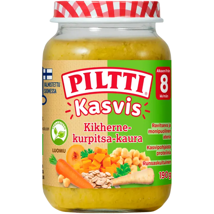 Piltti Kasvis 190g Kikherne-kurpitsa-kaura lastenateria 8kk Luomu