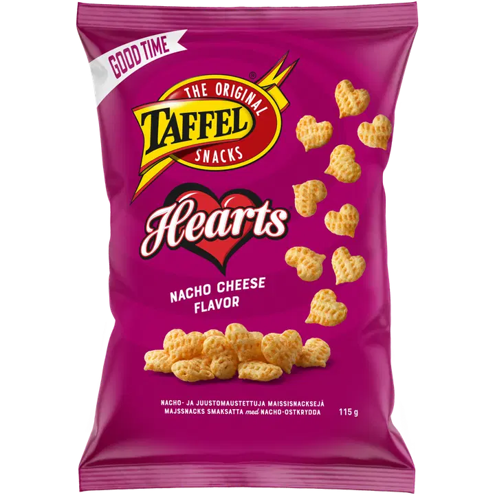 Taffel Hearts nacho cheese maustettu maissisipsi 115g