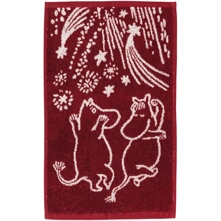 Moomin Arabia Muumi käsipyyhe Juhlan aika 30x50 cm viininpunainen/vaalean punainen