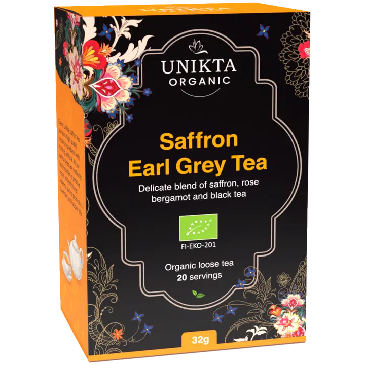 Saffron Earl Grey Tea 32g irto 20 Kuppia. Laadukas luomu musta teesekoitus. Sisältää sahramia, ruusua ja bergamottia. Hienostunut maku ja miellyttävä tuoksu