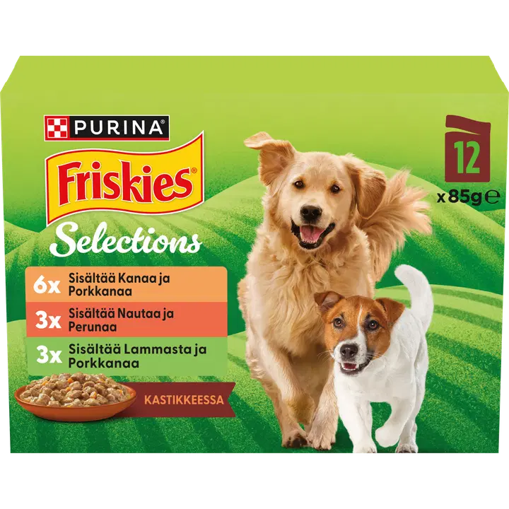 Purina Friskies Adult Kanaa, Nautaa ja Lammasta Kastikkeessa Koiran märkäruoka 12x85g