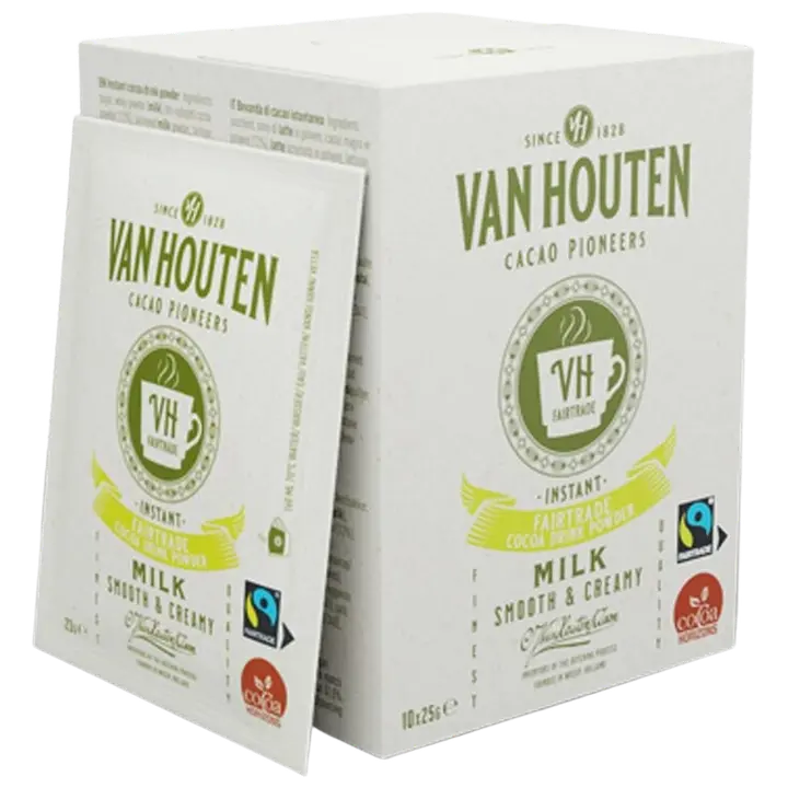 10x25g Van Houten Chocolate Drink, Reilun kaupan kaakaojuomajauhe kerta-annospusseissa