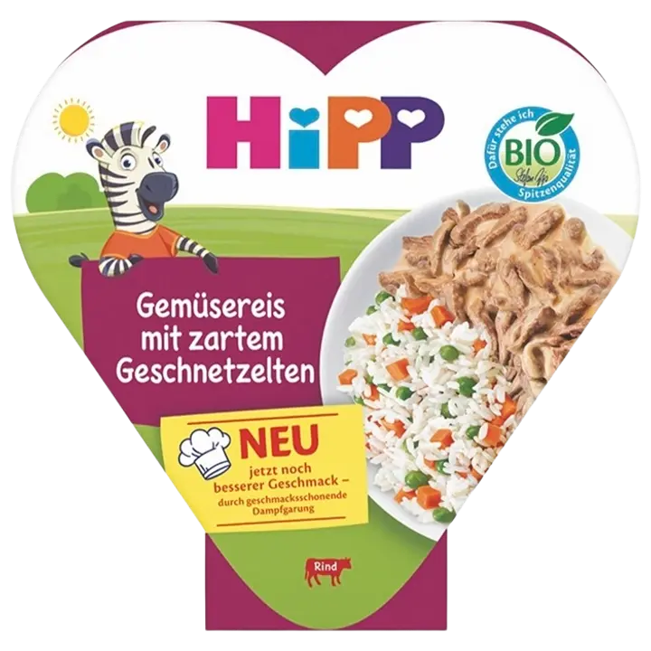 HiPP Riis juurviljade ja pehme viilutatud veiselihaga ÖKO 1a