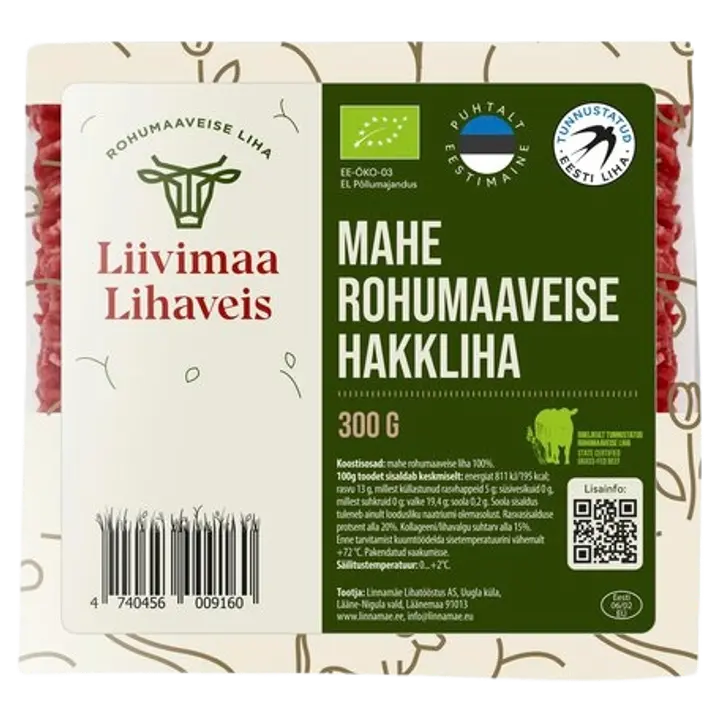 Liivimaa Lihaveis Mahe Rohumaaveise Hakkliha 300 G