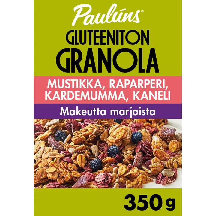 Pauluns gluteeniton mustikka-raparperi-kardemumma-kaneli granola muromysli 350g