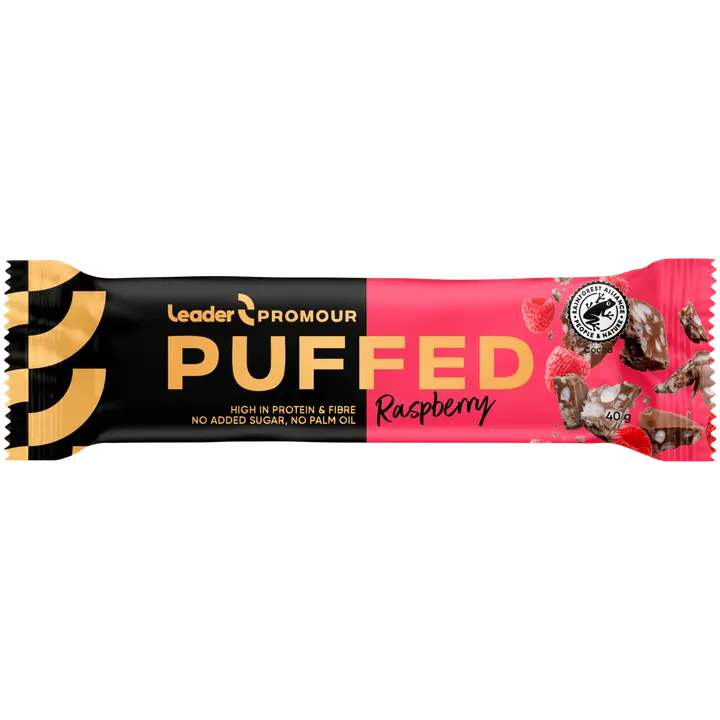 Leader Promour Puffed Raspberry riisisuklaaproteiinipatukka 40 g