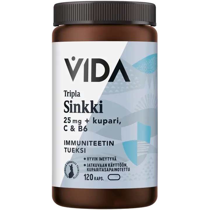 Vida Tripla Sinkki 25 mg + Kupari, C & B6 ravintolisä 120 kaps / 60 g