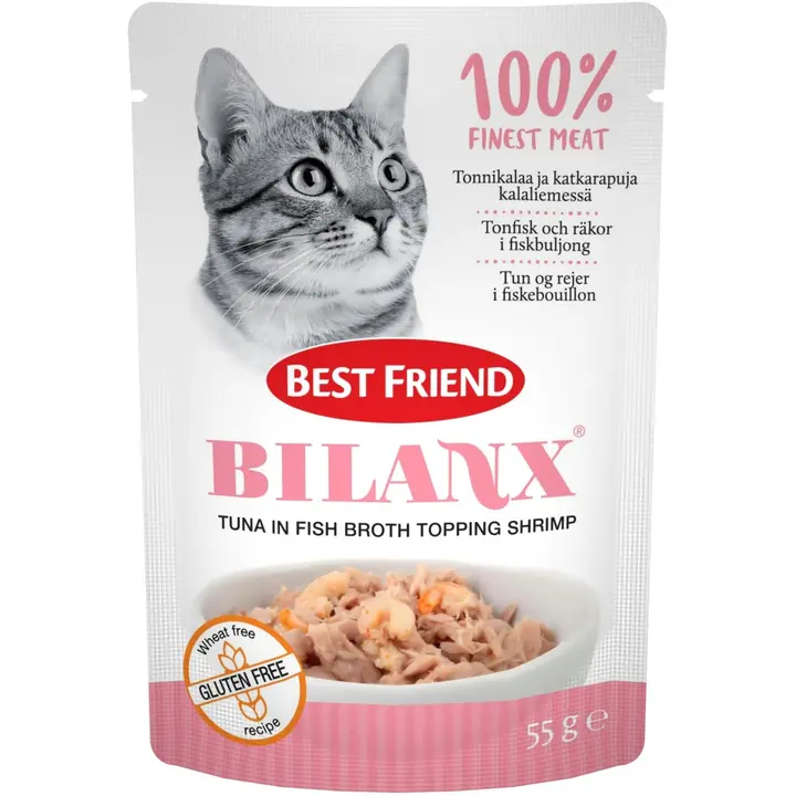 Best Friend Bilanx täissööt kassidele kanapuljongis tuunikala ja krevettidega, 55 g