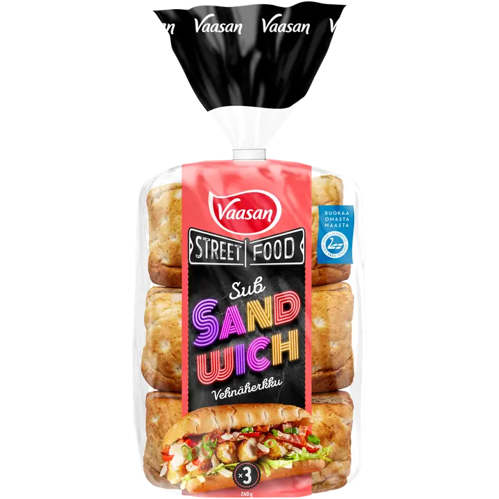 Vaasan Street Food Sub Sandwich Vehnäherkku 240 g 3 kpl vehnäsämpylä