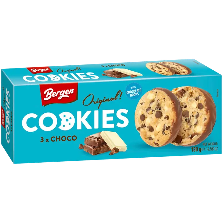 Bergen Original Bergen Cookies 3x Choco 130g suklaahippukeksejä valko- ja maitosuklaalla sekä tummasuklaalla