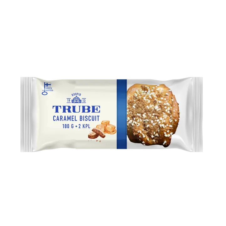Trube Caramel Biscuit -täytepulla 2 kpl/180 g karamellisoitu keksinmakuinen täytepulla