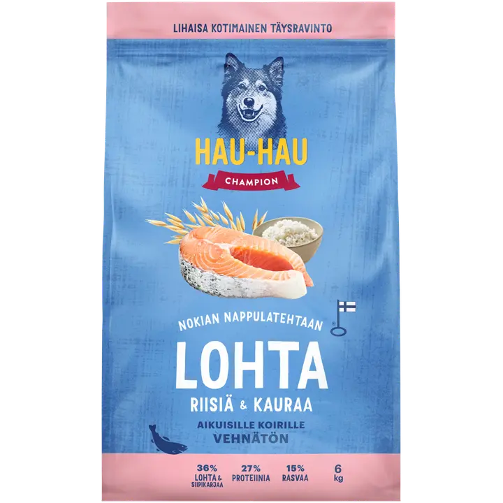Hau-Hau Champion Nokian Nappulatehtaan Lohta, riisiä & kauraa täysravinto aikuisille koirille 6 kg