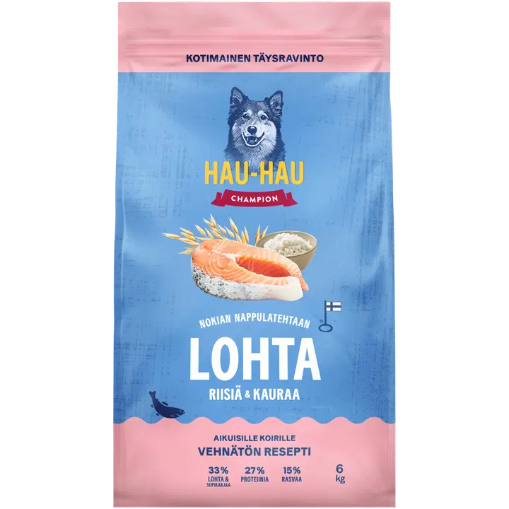 Hau-Hau Champion Nokian Nappulatehtaan Lohta, riisiä & kauraa täysravinto aikuisille koirille 6 kg