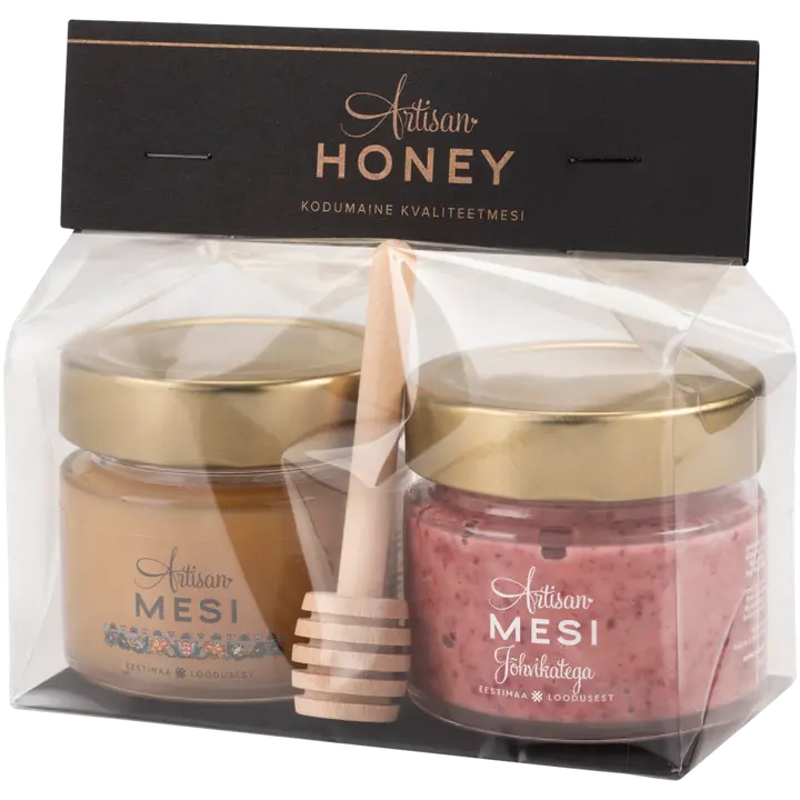 Komplekt tsellofaanis: Mesi 100 g ja Mesi jõhvikatega 100 g + meevurr