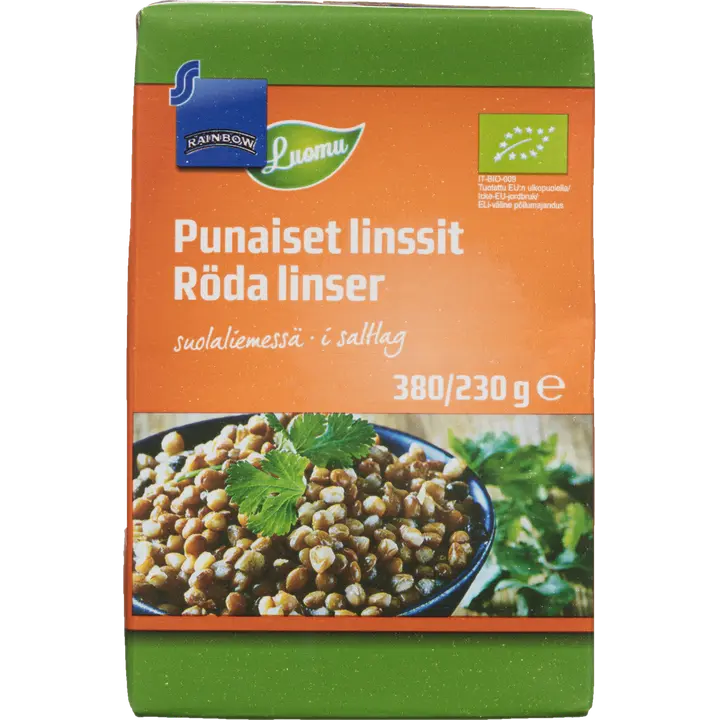 Rainbow 380/230g punaiset linssit suolaliemessä luomu