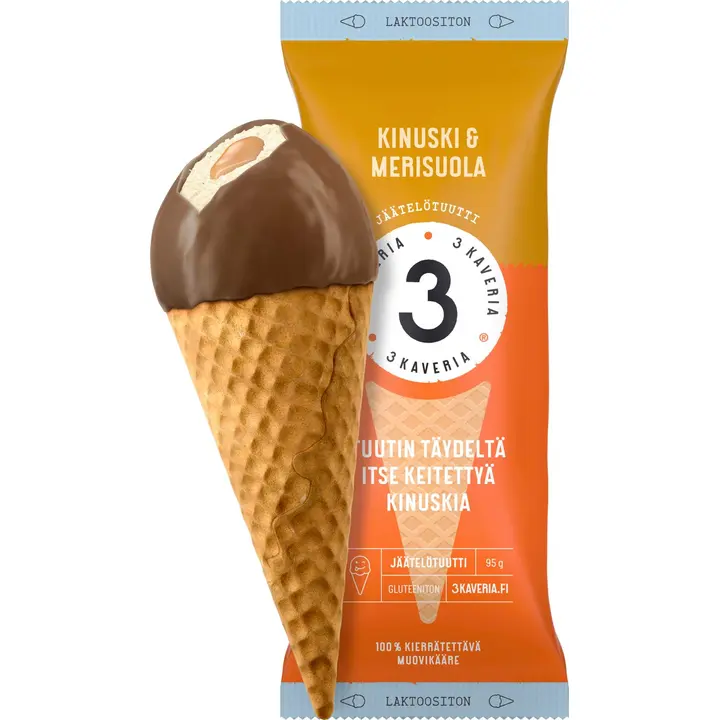 Kolmen Kaverin Jäätelö Laktoositon Kinuski & Merisuola jäätelötuutti 150ml/95g
