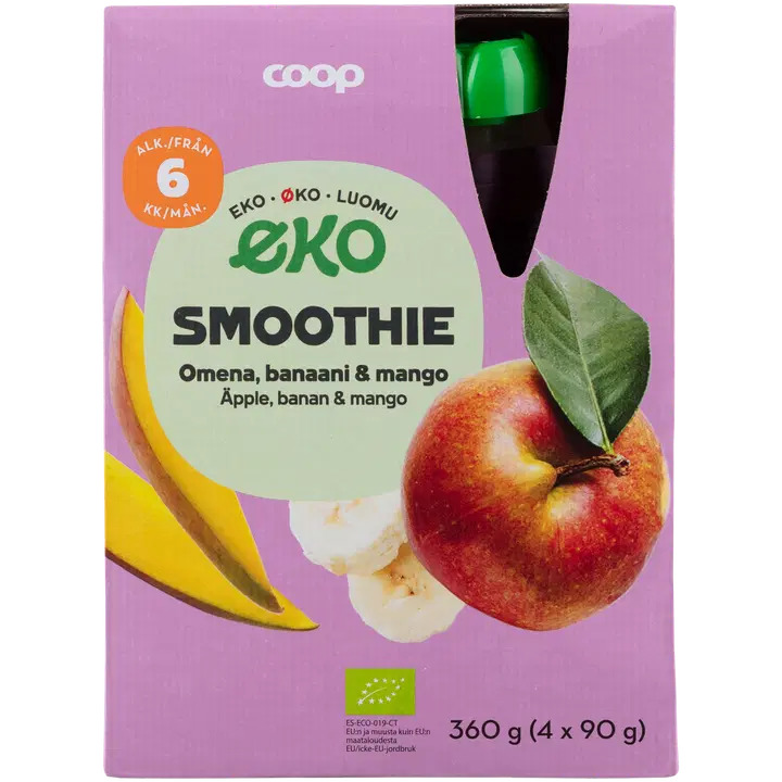 Coop Eko smoothie omena, banaani & mango luomu 4-pack 360 g 6 kk