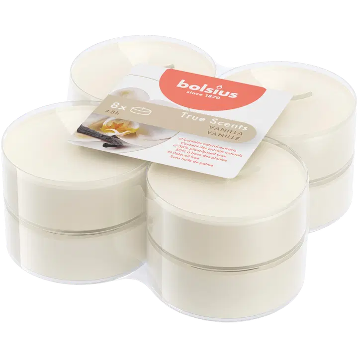 Bolsius True Scents – tuoksulämpökynttilät, maksikoko – Vanilla – norsunluu – 8 kpl/pakkaus