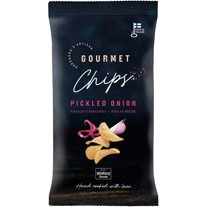 Weekend Snacks Norrgård's Artisan Gourmet käsinvalmistetut perunalastut, Pikkelöity Punasipuli 115g