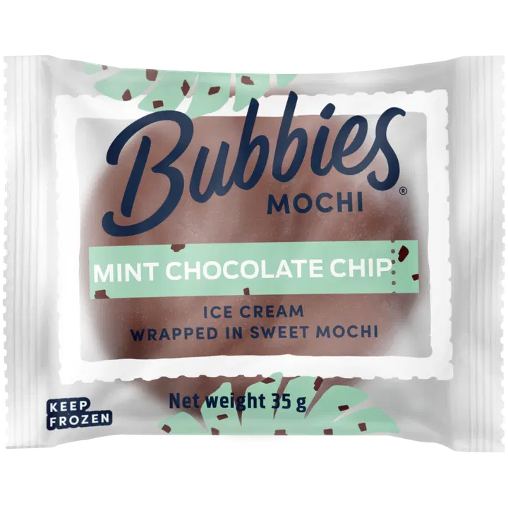 Bubbies Minttumochi. Minttujäätelöä suklaahipuilla makeassa riisitaikinassa 35g
