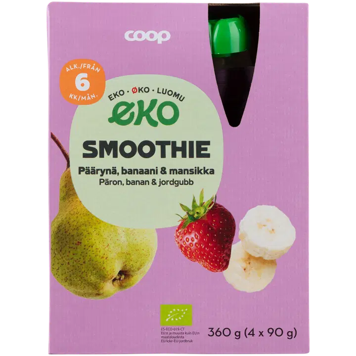 Coop Eko smoothie päärynä, banaani & mansikka luomu 4-pack 360 g 6 kk