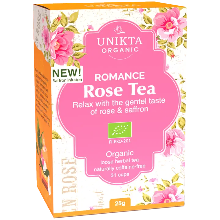 Unikta romance Rose tea. Rentouttava ja rauhoittava luomu yrttihauduke 25g irto 31 kuppia. Sisältää ruusua sahramia ja kardemummaa. Upean kukkainen maku ja makea tuoksu.