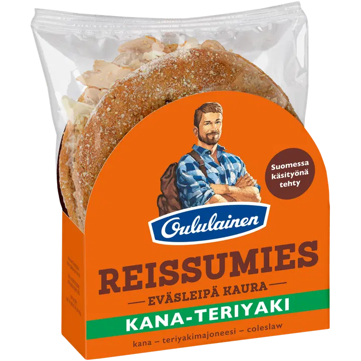 Oululainen Reissumies Eväsleipä Kaura Kana-teriyaki 153g, täytetty kauraleipä kana-teriyakimajoneesi-coleslaw