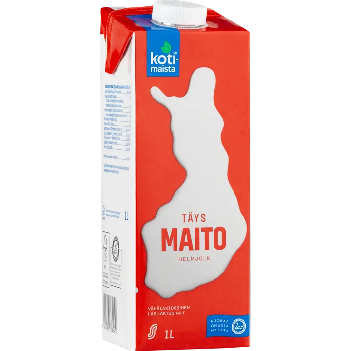 Kotimaista iskukuumennettu vähälaktoosinen täysmaito 1L