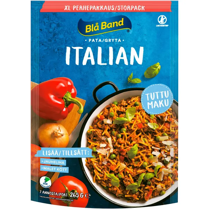 Blå Band laktoositon Italian pata XL Perhepakkaus spagetti-kasvis-mausteseos 265g